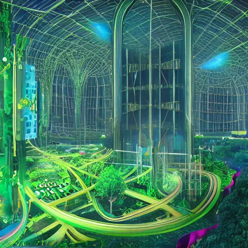 Prompt: a post - singularity solarpunk harmonic green lush overgrown utopia in which wired up the ai synthesizer on the center stage highest goal is to induce the utmost state of happiness to its people by creating and playing music, blissful, unreal, 4 k, hyperrealistic, refraction, bryce 3 d, architecture, by victor henrich, art nouveau