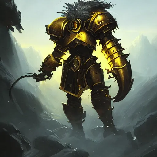 Image similar to yellow heavy armored knight with the head of a lion, lion head, epic fantasy style, in the style of Greg Rutkowski, hearthstone artwork