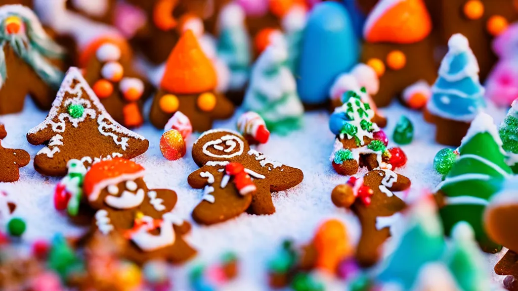 Prompt: closeup of miniature gingerbread candy village, colorful, fantasy, fairytale, forest, halloween, snow, bokeh, depth of field 1 0 0 mm, cinematic scene, studio quality, visually stunning, unreal engine, octane render, trending on artstation, artgerm, cgsociety