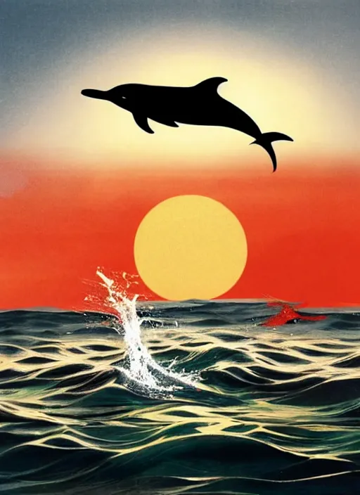 Prompt: dolphin jumping out of the ocean, splashing water, sunset, night stars, scenery wallpaper aesthetic, beautiful, cinematic, dramatic, super detailed and intricate, 4 k render, by koson ohara, by darwyn cooke, by satoshi kon