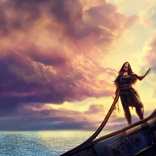 Prompt: susan is on a ship and looking to dramatic golden neon sunset with wall of storm clouds, susan is a medieval woman ship pilot with long side part hair shaved and wearing breastplate, dynamic lighting, hyperrealistic, hd 4 k, artstation