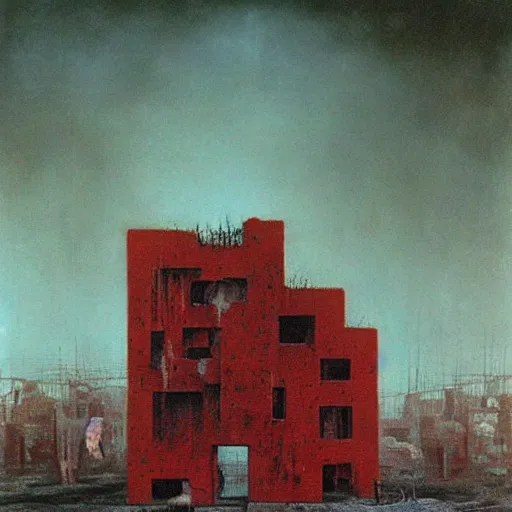 Image similar to surrealist painting of a brutalist building turning into meat, red webs, post apocalyptic, tropical landscape, painted by beksinski