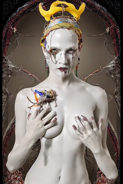 Prompt: white porcelain statue of wired matte sacred queen, sculpture with metallic polished intricated surface, dressed with a colorful torn silk cloak and chrome ornaments, made by antonio corradini, and dug stanat macabre art, dark surrealism, epic and cinematic view, volummetric light, texturized, detailed, freak circus, high graphics 8 k