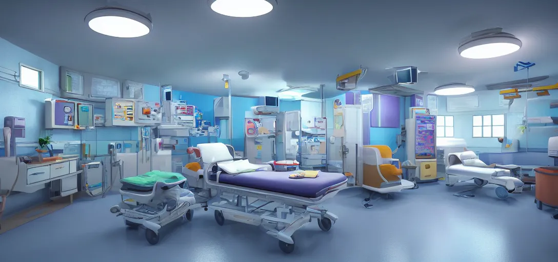 Image similar to retro hospital, colorful, 8 k photorealistic, hd, high details, trending on artstation