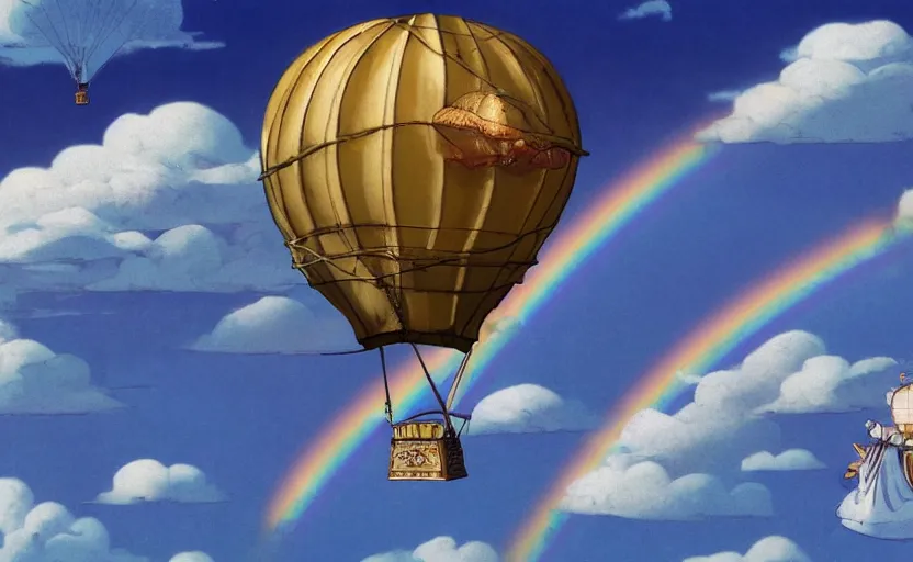 Image similar to a single steampunk hot air balloon flying through the sky with fluffy white clouds and a double rainbow, detailed digital concept art, 4 k movie still, by studio ghibli and winsor mccay