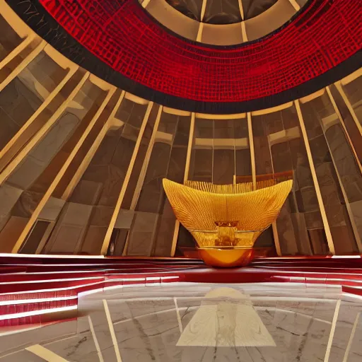 Image similar to interior of a futuristic temple of the sun with gold, red and white marble panels, in the desert, by buckminster fuller and syd mead, intricate contemporary architecture, photo journalism, photography, cinematic, national geographic photoshoot