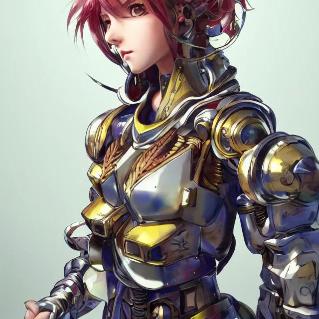 Image similar to studio portrait of lawful good colorful female holy mecha paladin absurdly beautiful, elegant, young cute anime girl, ultrafine hyperrealistic detailed face illustration by kim jung gi, irakli nadar, intricate linework, sharp focus, bright colors, matte, octopath traveler, final fantasy, unreal engine highly rendered, global illumination, radiant light, intricate environment