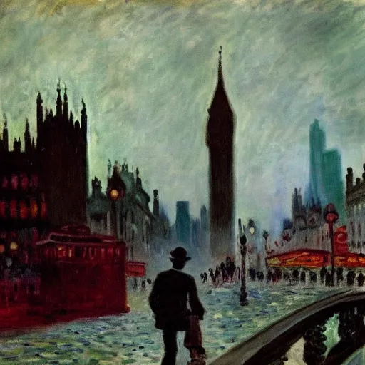 Prompt: Impressionist Noir victorian men in cityscape post-impressionist London by Claude Monet in Sin City