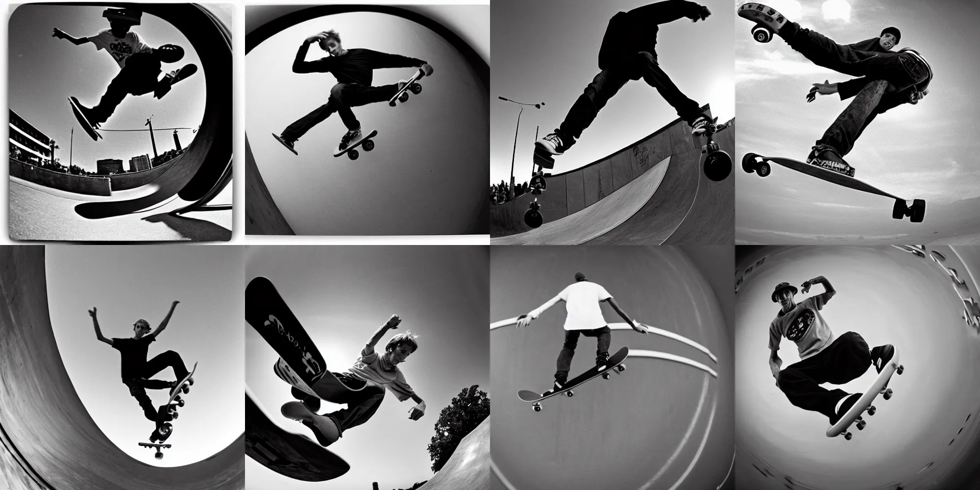 Image similar to award winning close up, black and white only, photo of, Tony Hawk, skateboarding, doing the loop, in the 1986 vert contest, by J. Grant Brittain, Atiba Jefferson, C. R. Stecyk III, fisheye lens, detailed faces, detailed skateboard, 8k, sharp image, balanced composition