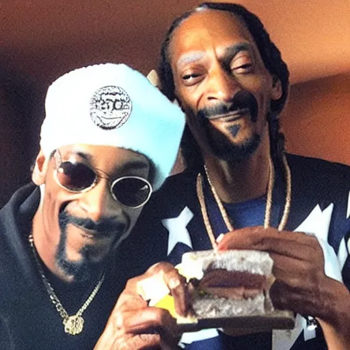 Prompt: selfie of snoop dogg with joe biden smoking a sandwich