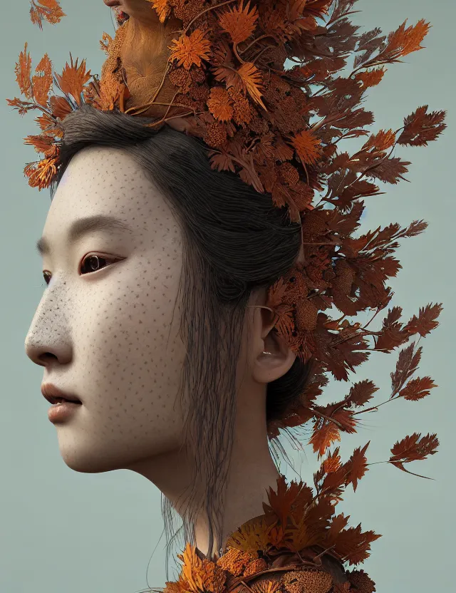 Image similar to 3 d goddess close - up profile portrait of young girl wearing a beautiful intricately detailed japanese autumn mask, fall leaves, thistles, phoenix, dried plants, foxes, wind, creature, artwork by tooth wu and wlop and beeple and greg rutkowski