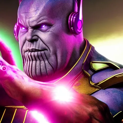 Prompt: thanos is a dj at a cyberpunk rave, he's wearing headphones and telling you to hold on a sec, holding 1 finger out to signify : wait a minute