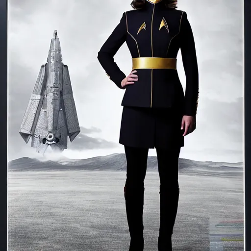 Image similar to a beautiful full body photograph of younger jenna coleman as a star fleet officer from star trek next generation, full dress uniform, symmetrical face, extreme realism and detail, 8 k, completely framed, direct lighting, 3 5 mm photo, photorealistic, sharp focus