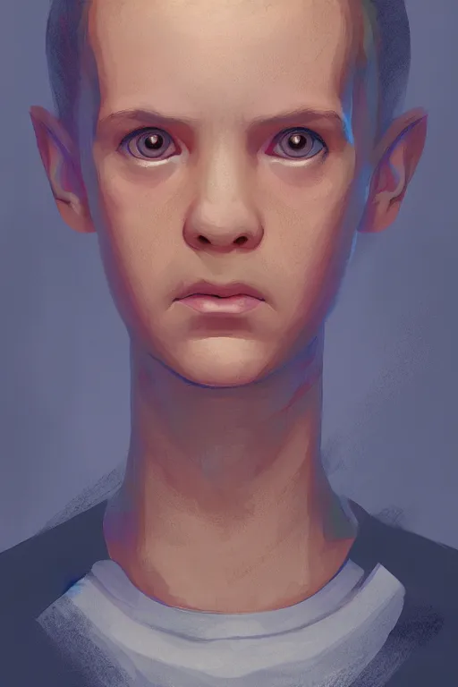 Prompt: a beautiful digital portrait painting of eleven from stranger things, by Craig Mullins. Volumetric light. Symmetry.