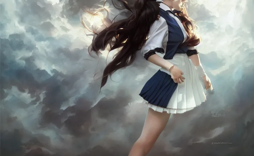 Prompt: a beautiful woman with school uniform dancing, seifuku, pleated miniskirt, overknee socks, adriana lima, painted by artgerm and tom bagshaw, fantasy art, dramatic lighting, highly detailed oil painting, volumetric lighting