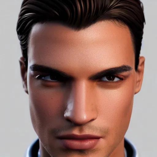 Image similar to an extremely handsome man with tan shiny skin, well-gelled hair, photorealistic imagery, trending on artstation, 4k, 8k