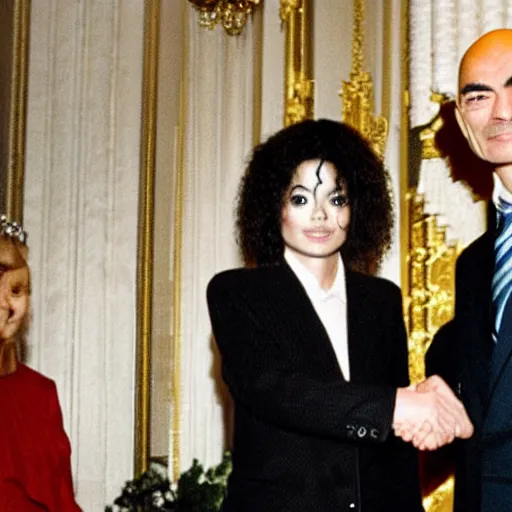 Image similar to pim fortuyn and michael jackson shaking hands, on a podium, in front of the queen