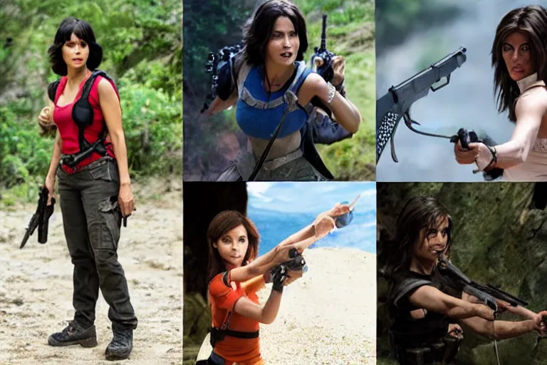 Prompt: Dora the Explorer (played by Isabela Merced) vs Lara Croft (played by Angelina Jolie), film by James Bobin and Simon West