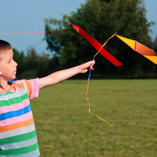 Prompt: a boy flying a kite with the shape of a drone tied to a string.