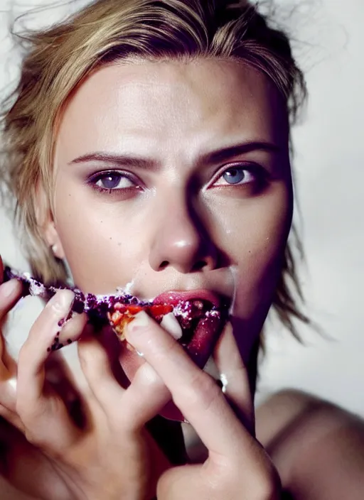 Prompt: scarlett johansson looking at the camera while eating yogurt, she is eating the yogurt too fast and it's on her face. real photo, photoshooting, studio light, black background, intricate, epic lighting, cinematic composition, hyper realistic, 8k resolution, unreal engine 5