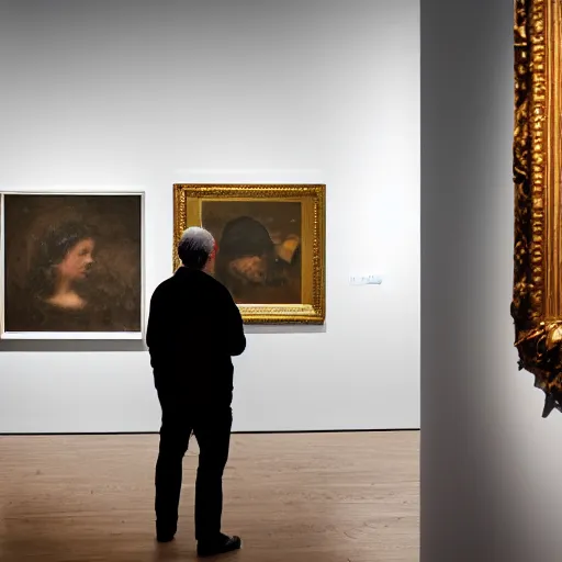 Image similar to Over the shoulder portrait of a middle-aged man staring at a painting in an art gallery. The painting he is looking at contains a person looking right back at him. Wide angle. Photorealistic. Dramatic lighting. Award winning photography. 35mm photograph.