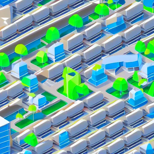 Image similar to isometric low poly city landscape of a lush and bright futuristic city, full of white buildings and futuristic cars, bright blue sky