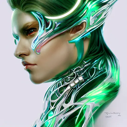 Prompt: organic cyborg with ram chips in hair, holographic white and green plastic, fantasy, intricate, elegant, highly detailed, lifelike, photorealistic, digital painting, artstation, illustration, smooth, sharp focus, art by scott davidson, albert aublet, krenz cushart, artem demura, mucha