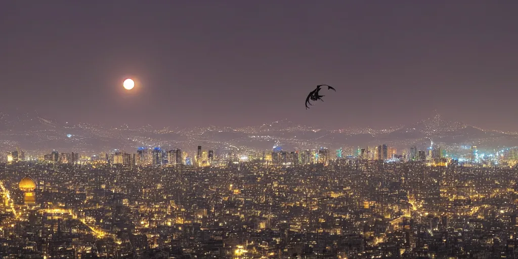 Image similar to a dragon flying in tehran skyline in a winter night, full moon in the sky