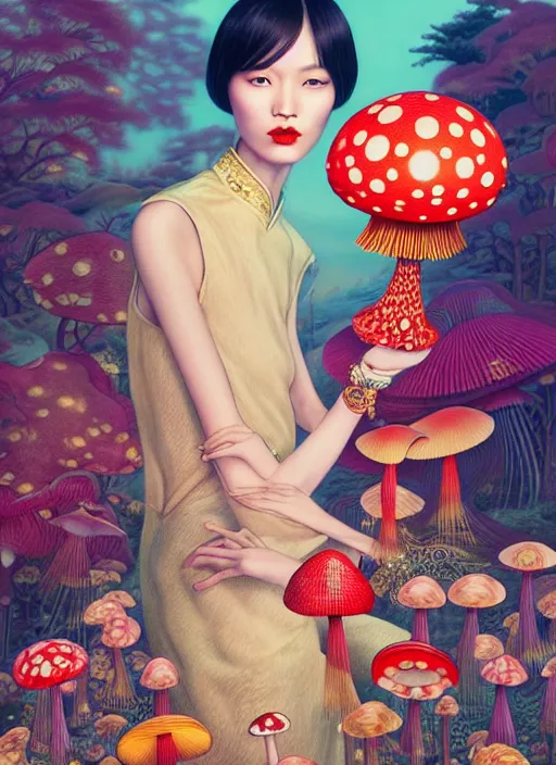 Image similar to pretty chinese model with magic mushroom : : by martine johanna and simon stalenhag and chie yoshii and casey weldon and wlop : : ornate, dynamic, particulate, rich colors, intricate, elegant, highly detailed, vogue, harper's bazaar art, fashion magazine, smooth, sharp focus, 8 k, octane render,