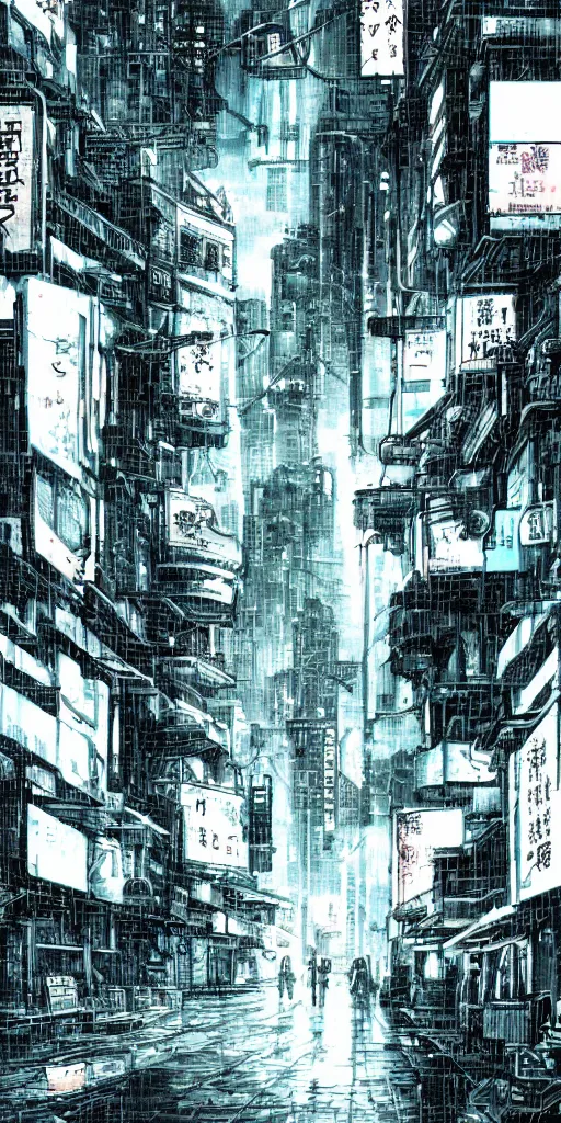 Image similar to manga illustration of poor cyberpunk city, rainy weather, highly detailed