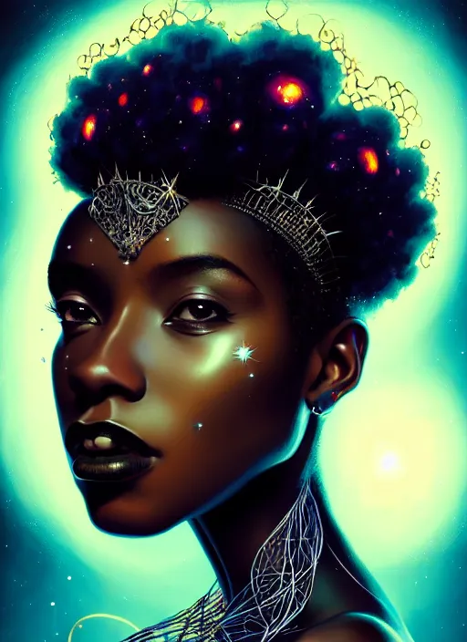 Prompt: portrait of young black woman with glowing crown jewels, afro - futurist style, intricate, elegant, exploding nebulae, highly detailed, digital painting, artstation, concept art, smooth, sharp focus, illustration, art by wlop, mars ravelo and greg rutkowski