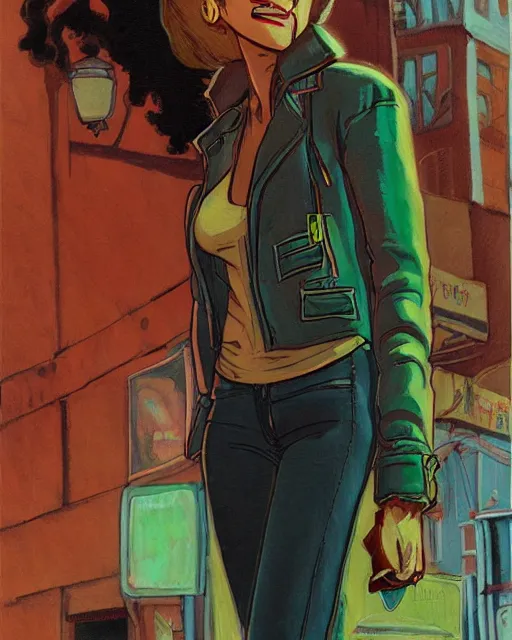 Image similar to young female protagonist in leather jacket, city street, artwork by ralph bakshi