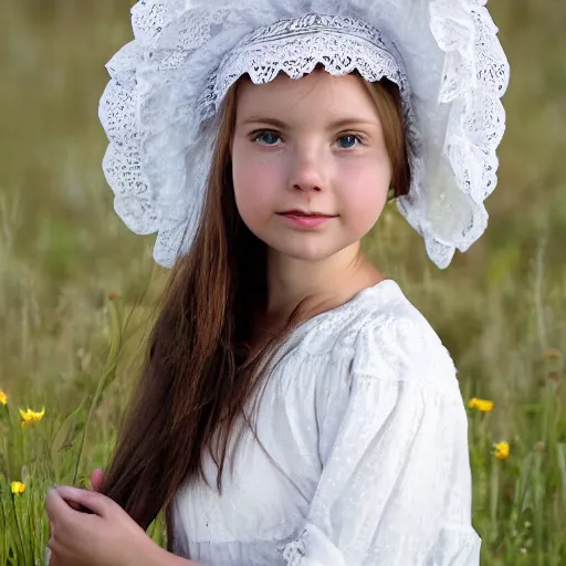 Image similar to beautiful pioneer girl in a meadow, white lacy dress and bonnet, portrait