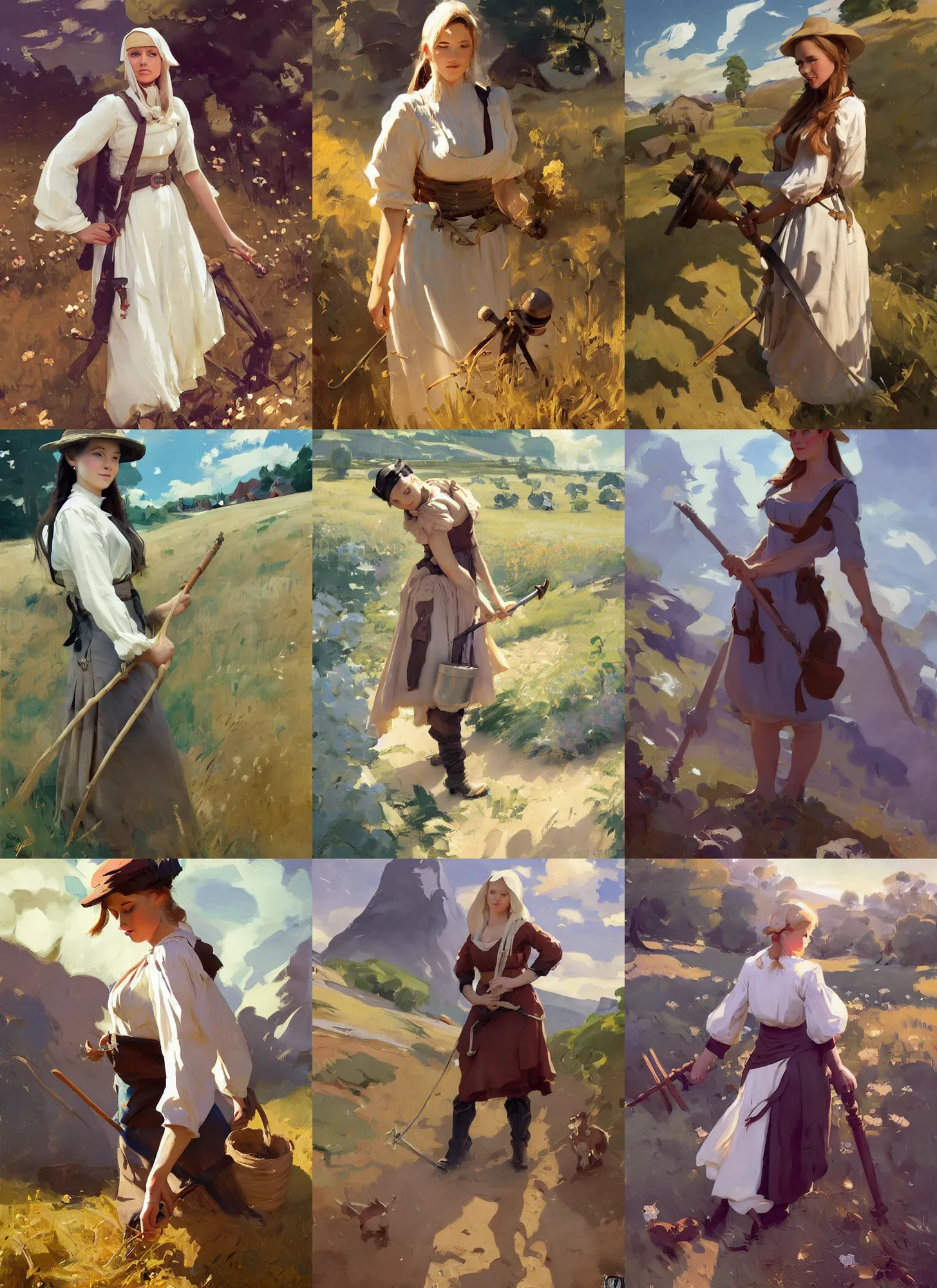 Prompt: finnish norway scandinavian attractive village maiden working in the field, jodhpurs greg manchess painting by sargent and leyendecker, studio ghibli, fantasy, medium shot, asymmetrical, intricate, elegant, matte painting, illustration, hearthstone, by greg rutkowski, by greg tocchini, by james gilleard, by joe fenton