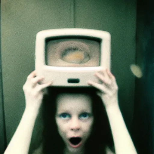 Image similar to creepy cursed Photograph of Samara Morgan crawling out of a television, water dripping, dark, no lights, moist, taken using a film camera with 35mm expired film, bright camera flash enabled, award winning photograph, creepy, liminal space