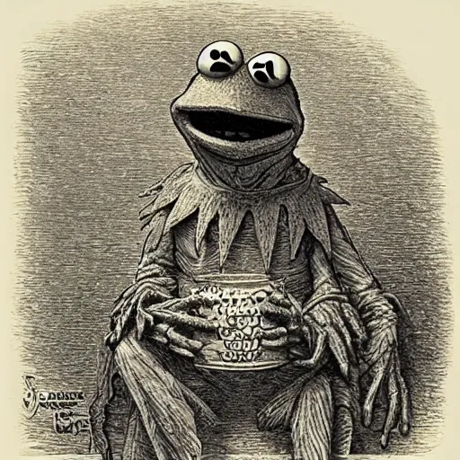 Image similar to Kermit the Frog by Gustave Dore, Sesame Street, intricate, very very detailed