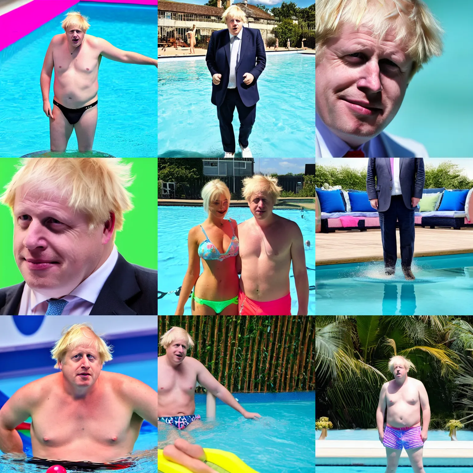 Prompt: Boris Johnson in the love island pool neon