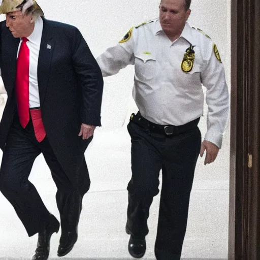 Image similar to News still of Donald Trump being handcuffed and arrested at mar-a-lago