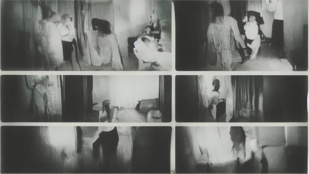 Image similar to polaroid of a gender role reversal candid shots by Tarkovsky