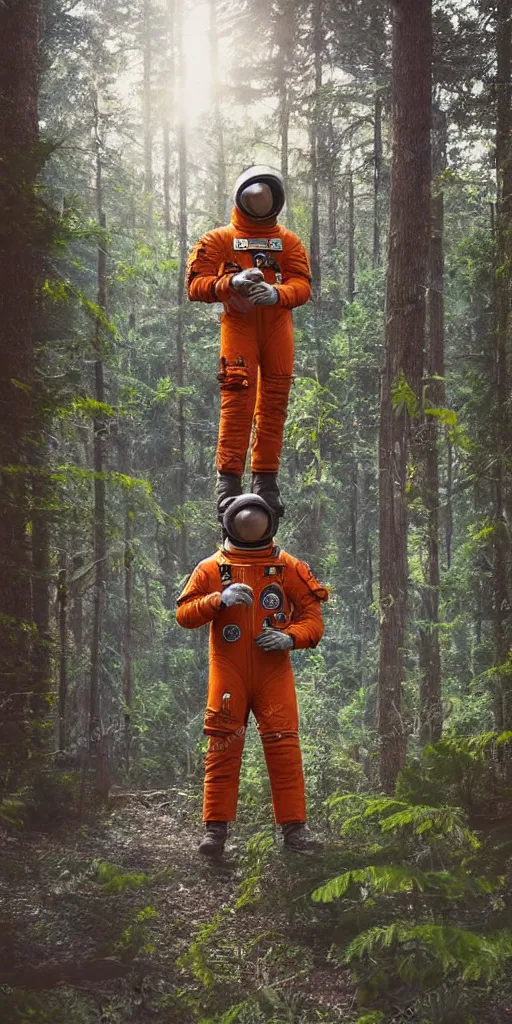 Image similar to american astronaut in orange suite, in the forest plants environment wide angle cinematic lighting atmospheric realistic octane render highly detailed in th