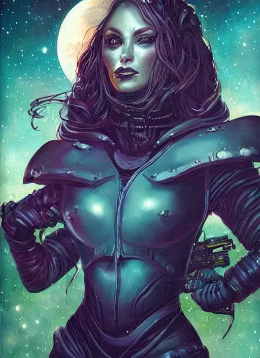 Image similar to portrait of female space pirate, night sky background, beautiful! coherent! by brom, deep color, strong line, high contrast