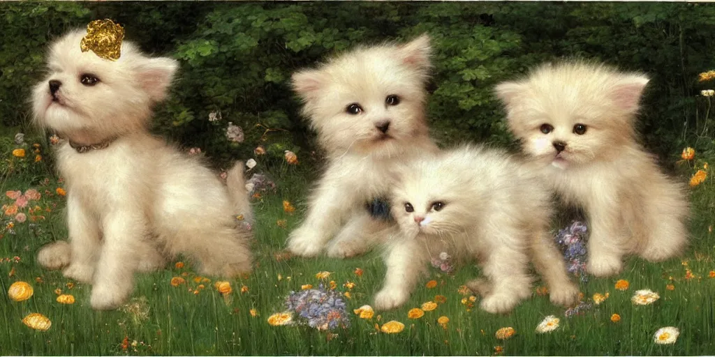 Prompt: 3 d precious moments plush puppy and kitten with realistic fur and gold, white, pastel blue, deep greencolor scheme, field of flowers, petals falling, master painter and art style of john william waterhouse and caspar david friedrich and philipp otto runge