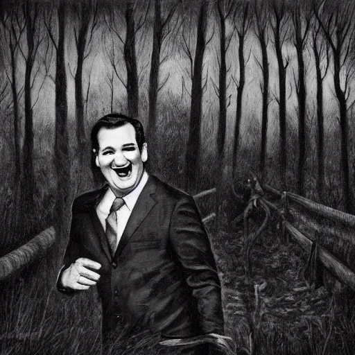 Prompt: Ted Cruz with a wide grin chases you through a dark forest, black and white, creepy lighting, scary, horror, ornate, eerie, fear, oil painting