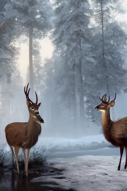 Image similar to a deer wearing a white formal coat conversing with a crow wearing a red formal coat, hyperrealistic, concept art, octane render, unreal engine 5, trending on DeviantArt, highly detailed, high quality, 8K, soft lighting, cute, natural lighting, realistic face, trending on Artstation, elegant clothes, profile picture, path traced, house background