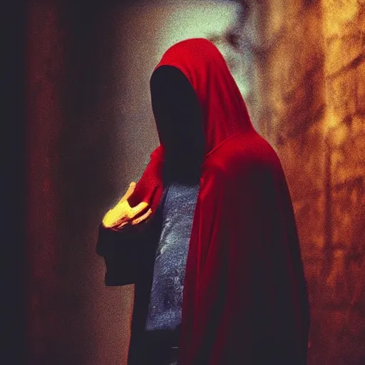 Prompt: “Hooded figure,dark alley, stained red:: Brooding, stalking, hunting”