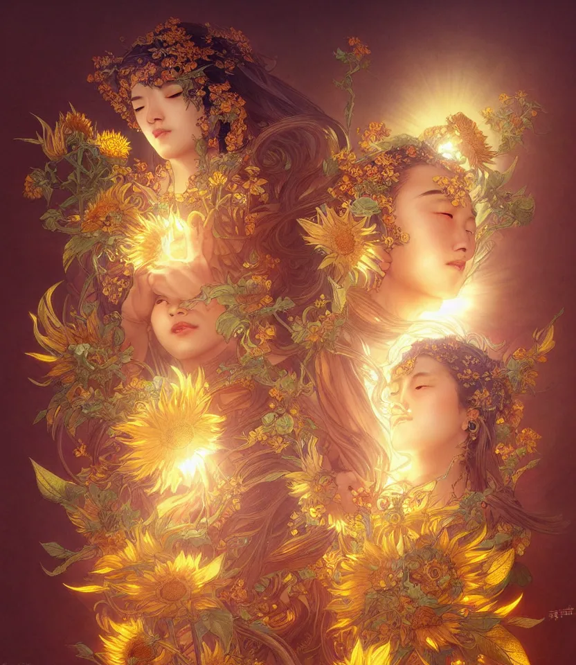 Image similar to sacred sunflowers, chinese goddess, emiting mystical light, intricate, elegant, highly detailed, my rendition, digital painting, artstation, concept art, smooth, sharp focus, radiant light, illustration, art by artgerm and greg rutkowski and alphonse mucha