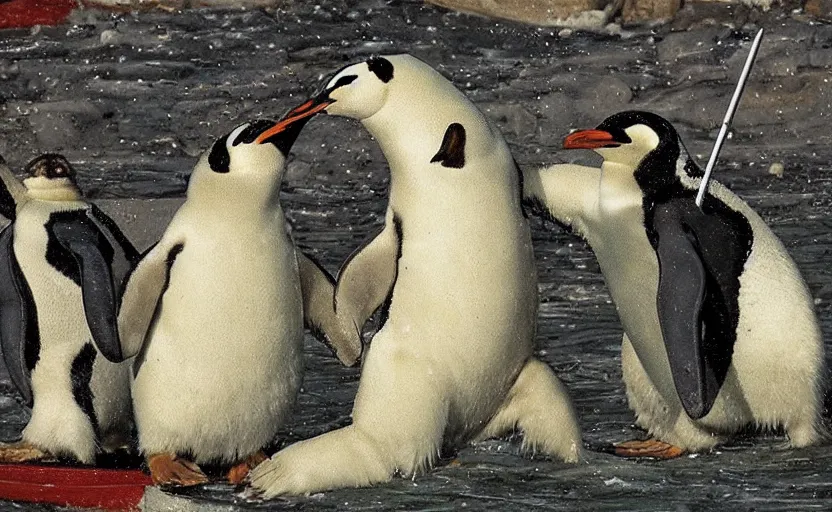 Prompt: A penguin, riding a polar bear, in an epic medieval battle