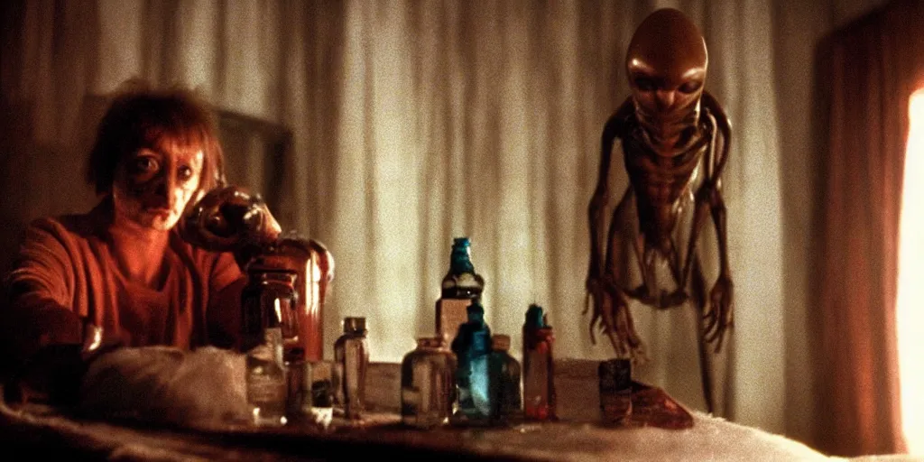 Image similar to alien from movei alien 1 9 7 9 staying with bottle of vodka in russian village. cold light, cinematic colors, high detail