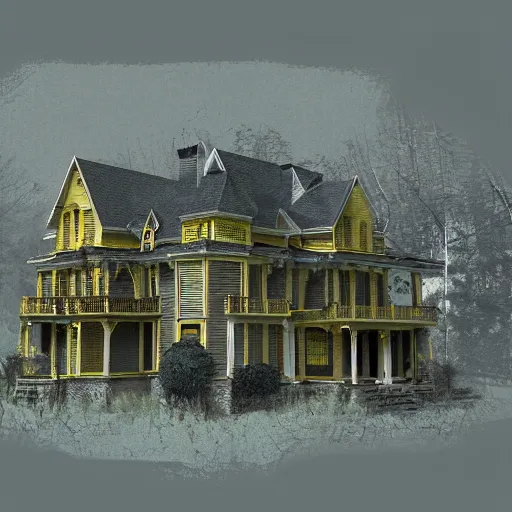 Prompt: a large yellow victorian house in the woods, detailed, blocking out the sun, moody, artstation