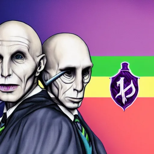 Image similar to ! dream harry potter with voldemort, pride flag in background, full picture